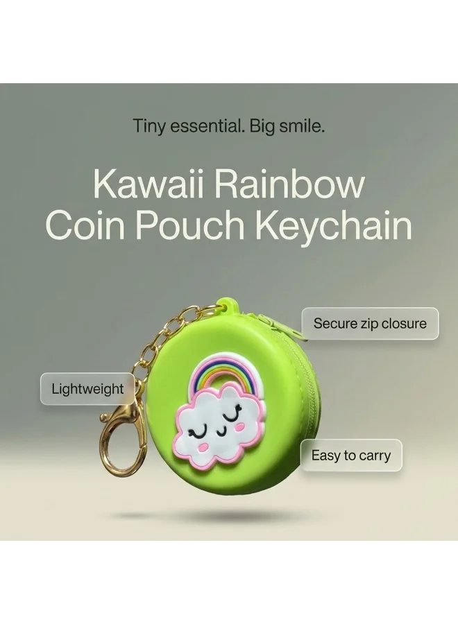 Mobcos Green Rainbow MOBCOS Mini Pouch Keychain – Cute Round Zipper Coin Purse & Multipurpose Mini Storage Bag with Keyring for Coins, Cash, Keys and Small Essentials | Green Rainbow  | Best Price UAE