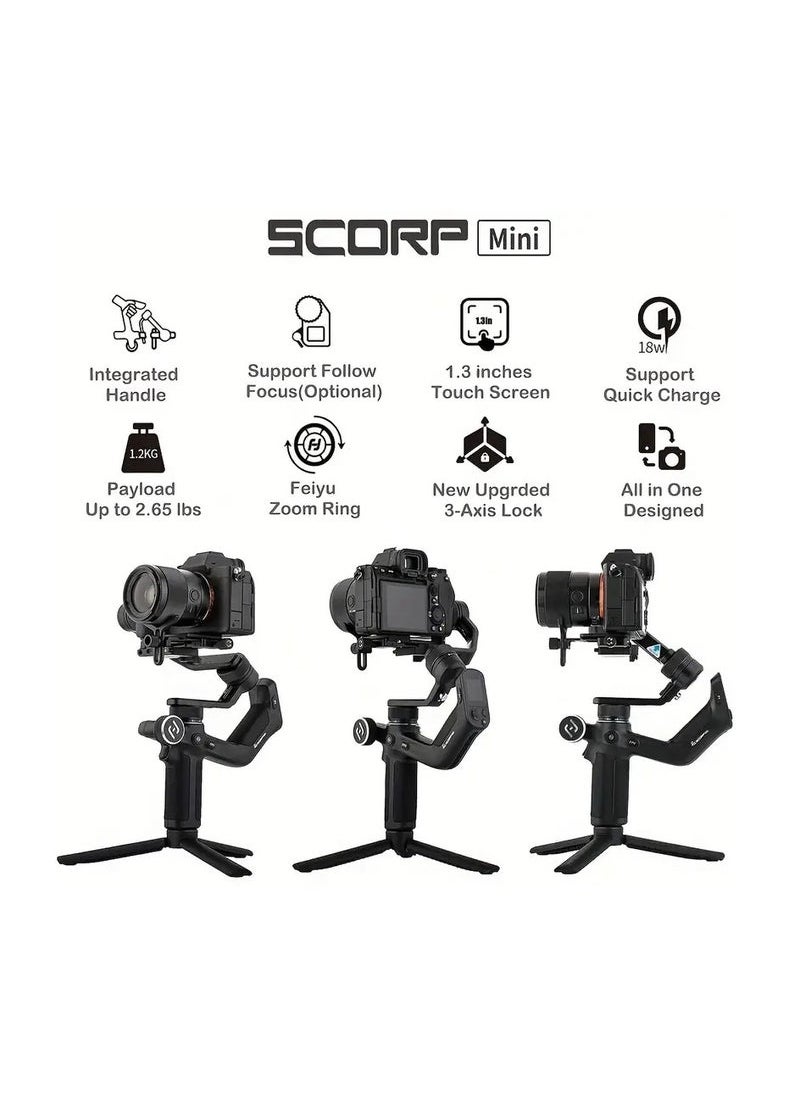 FeiyuTech - FeiyuTech Scorp Mini 3-Axis All In One Gimbal Stabilizer For Mirrorless Camera With Short Lens, Compact Cameras, Action Camera Gopro, 54-88mm Width IPhone 15 Pro, 1.3" Touch Screen, 2.6lbs Payload - Image 1