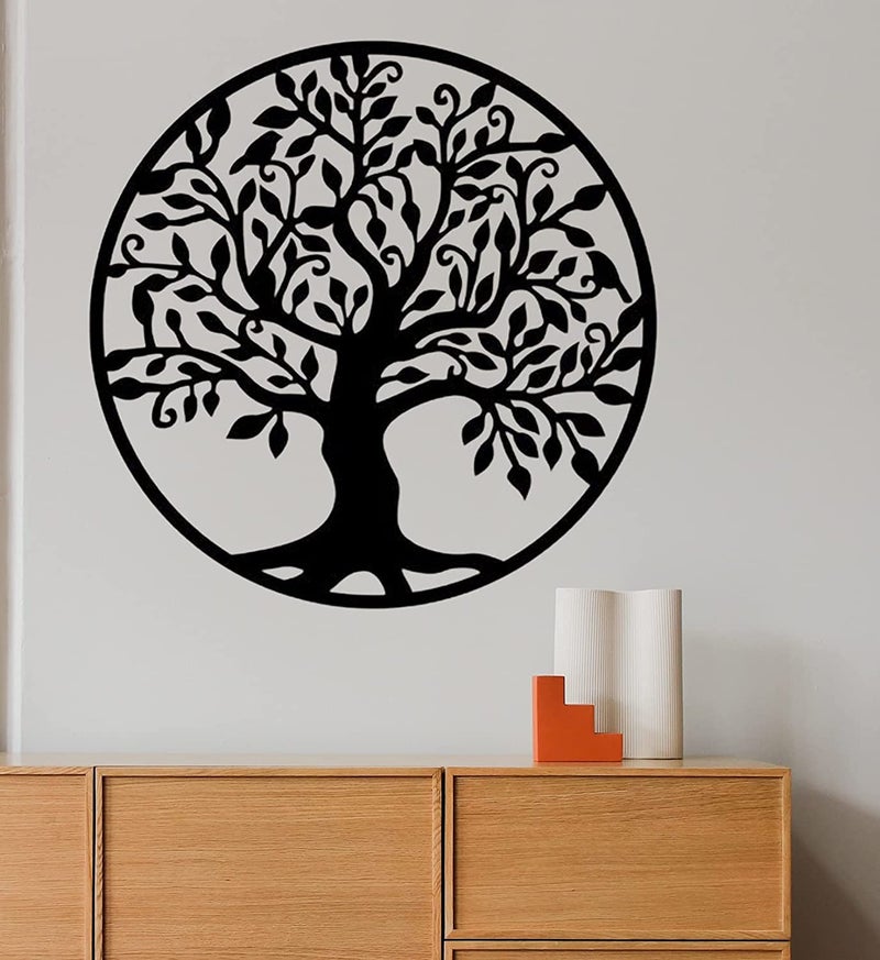 Arabs Morden Iron Tree of Life Circle Shape Metal Wall Art Decor for Living room Bedroom Kids Room Kitchen Office Wall Hanging Decoration Items for Home Decor Black 40 cm - Image 1