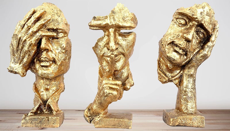 DEQUERA Human Face with Hand on his Mouth Golden Showpiece for Home Decor | Decorative Items for Room | Table Decor | Office Decor | Showpiece Antique Color : (Golden) - Image 1