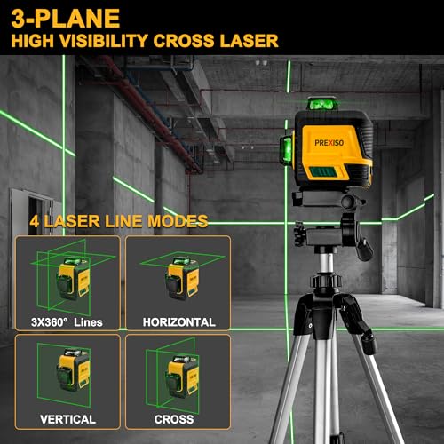 PREXISO 3 X 360° Laser Level with Tripod - Rechargeable 82Ft Cross Line Leveler, Green Line Laser Level Self Leveling for Construction, Tile, Home Renovation with Magnetic Base, Iron Plate, Bag - Image 2