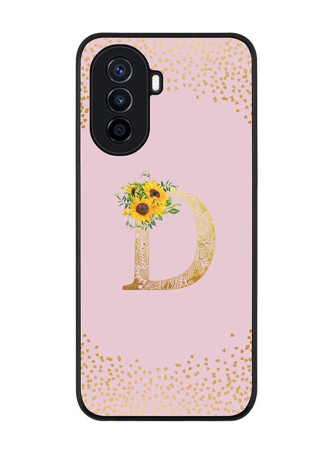 Stylizedd Rugged Black edge case for Huawei Nova Y70  Slim fit Soft Case Flexible Rubber Edges Anti Drop TPU Gel Thin Cover - Custom Monogram Initial Letter Floral Pattern Alphabet - D (Pink ) - Image 1