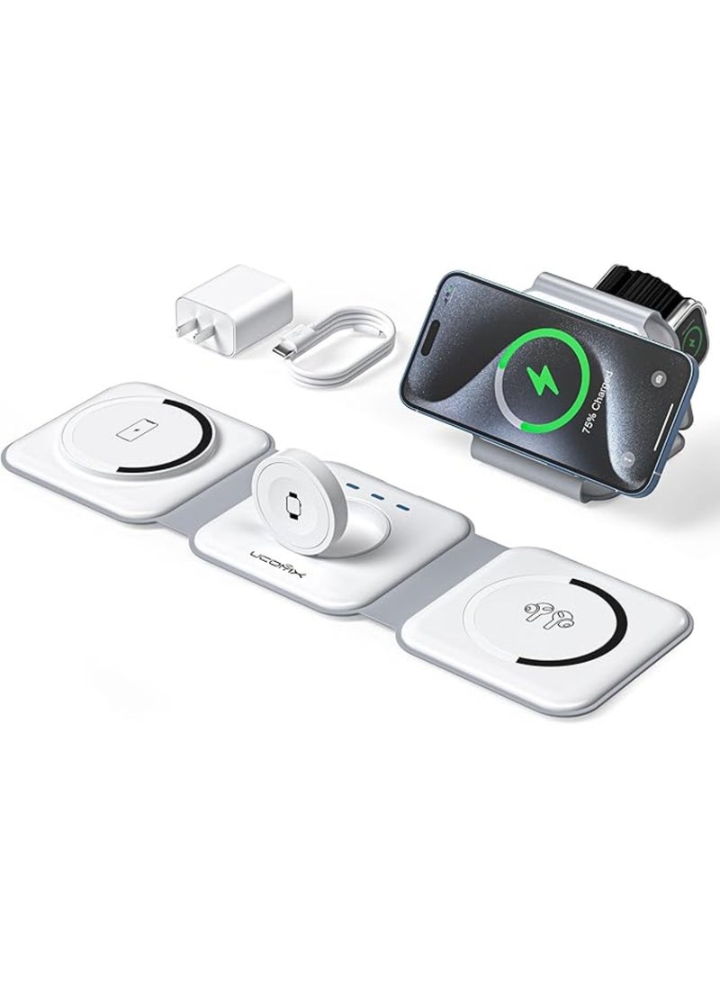 3 in 1 Charging Station for Multple Devices,Foldable 3 in 1 Wireless Charger for Travel,Nano Wireless Charging Station for iPhone，AirPod-White