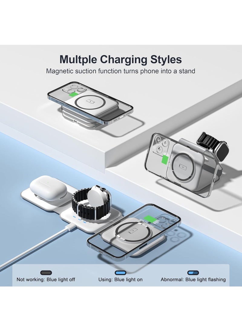 3 in 1 Charging Station for Multple Devices,Foldable 3 in 1 Wireless Charger for Travel,Nano Wireless Charging Station for iPhone，AirPod-White