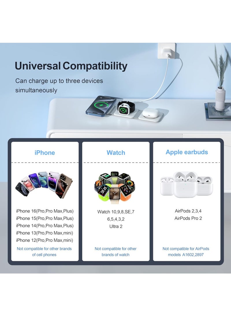 3 in 1 Charging Station for Multple Devices,Foldable 3 in 1 Wireless Charger for Travel,Nano Wireless Charging Station for iPhone，AirPod-White
