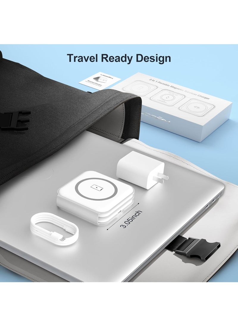3 in 1 Charging Station for Multple Devices,Foldable 3 in 1 Wireless Charger for Travel,Nano Wireless Charging Station for iPhone，AirPod-White