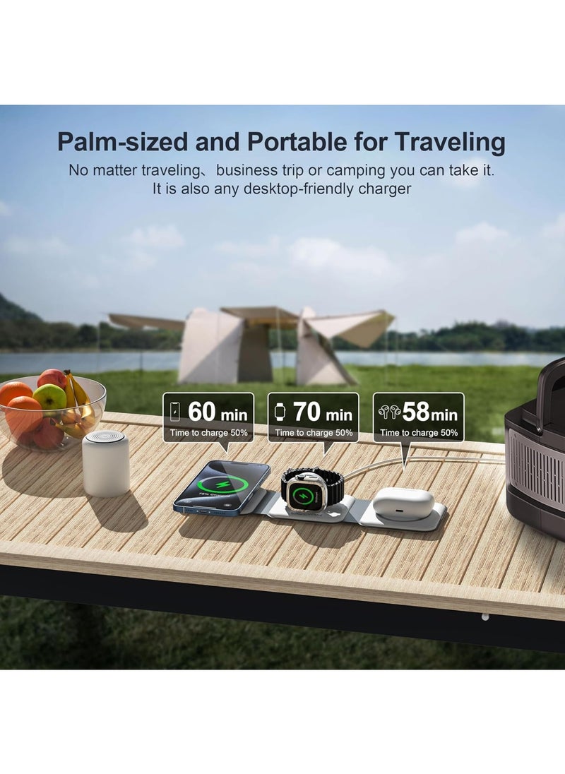 3 in 1 Charging Station for Multple Devices,Foldable 3 in 1 Wireless Charger for Travel,Nano Wireless Charging Station for iPhone，AirPod-White