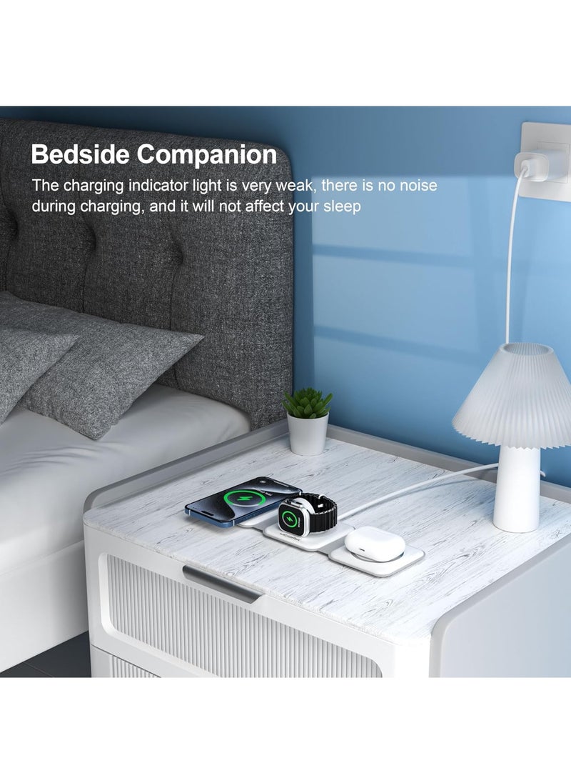 3 in 1 Charging Station for Multple Devices,Foldable 3 in 1 Wireless Charger for Travel,Nano Wireless Charging Station for iPhone，AirPod-White
