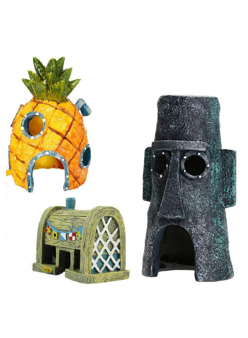 3Pcs/Set SquarePants Pineapple House Aquarium Decor, Squidward House & Cartoon Home Ornaments Non-Toxic Resin Fish Tank Accessories for Kids & Adults, Safe for All Aquariums - Image 1