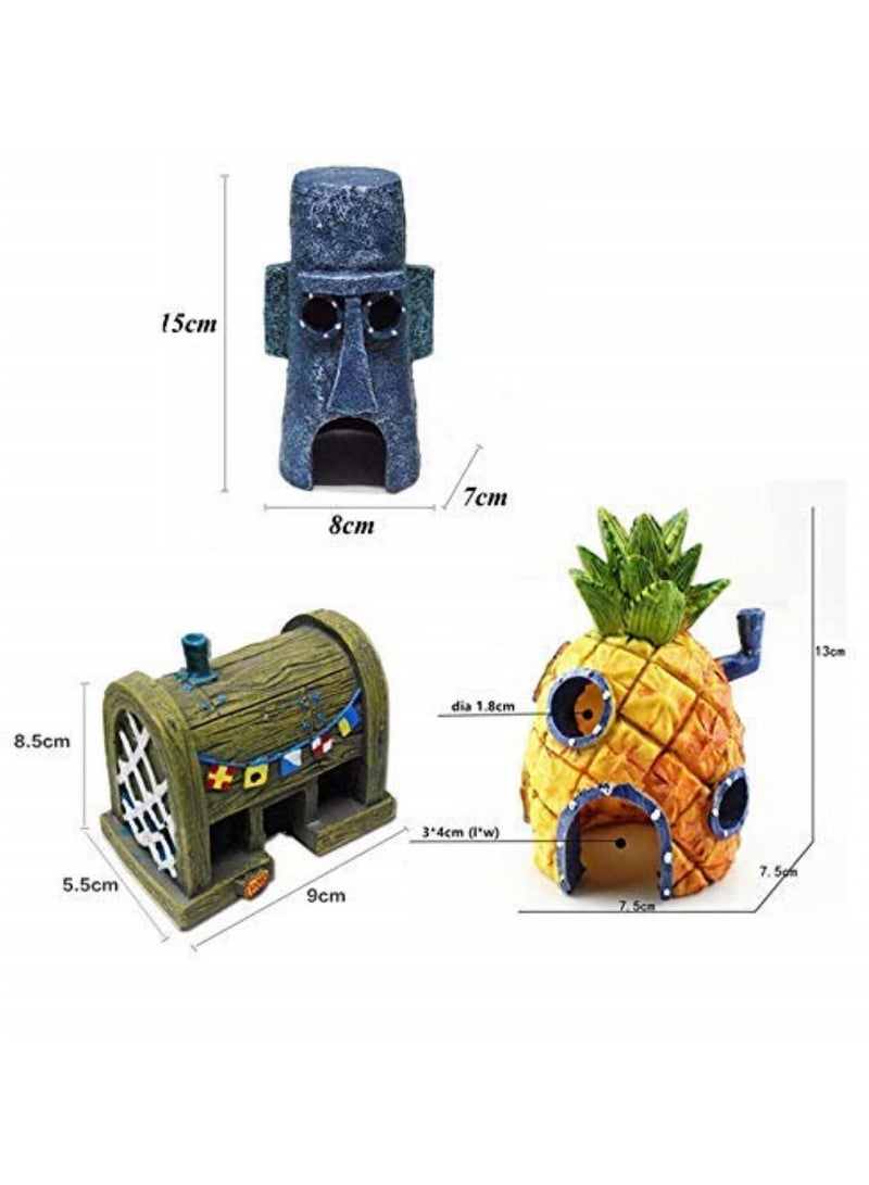3Pcs/Set SquarePants Pineapple House Aquarium Decor, Squidward House & Cartoon Home Ornaments Non-Toxic Resin Fish Tank Accessories for Kids & Adults, Safe for All Aquariums - Image 2