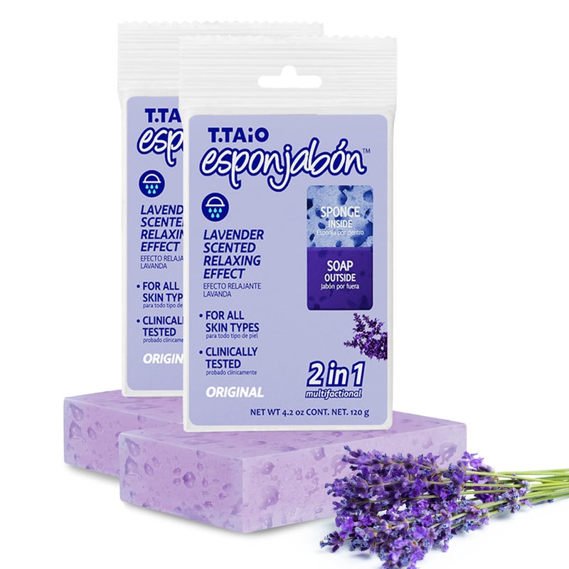 T. Taio T.Taio Esponjabon Soap Sponge - Cleansing Shower Scrubber - Cleaning Bath Wash Scrub - Oil Removal - Massage & Lather Foot, Elbow, & Face - Bathroom Accessories - Fresh Lavender Scent - Image 1