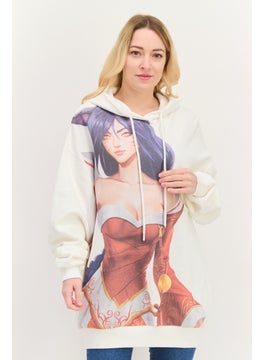 Women Hooded Graphic Print Long Sleeves Sweatshirt, White Combo