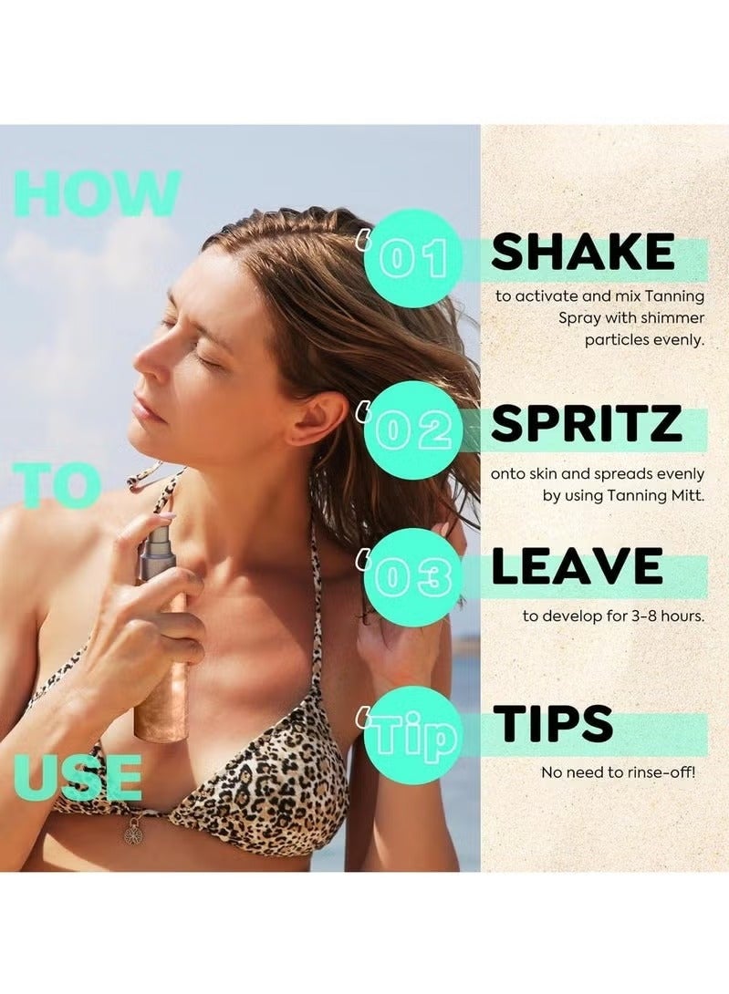 VANERIA Shimmering Spray Tanning with Mitt, Long-Lasting, Instant Tan Spray with Mica, Streak-Free, Self Tanner Spray Quick Tan, Hydrating 80ml /2.7 Fl.Oz - Image 2