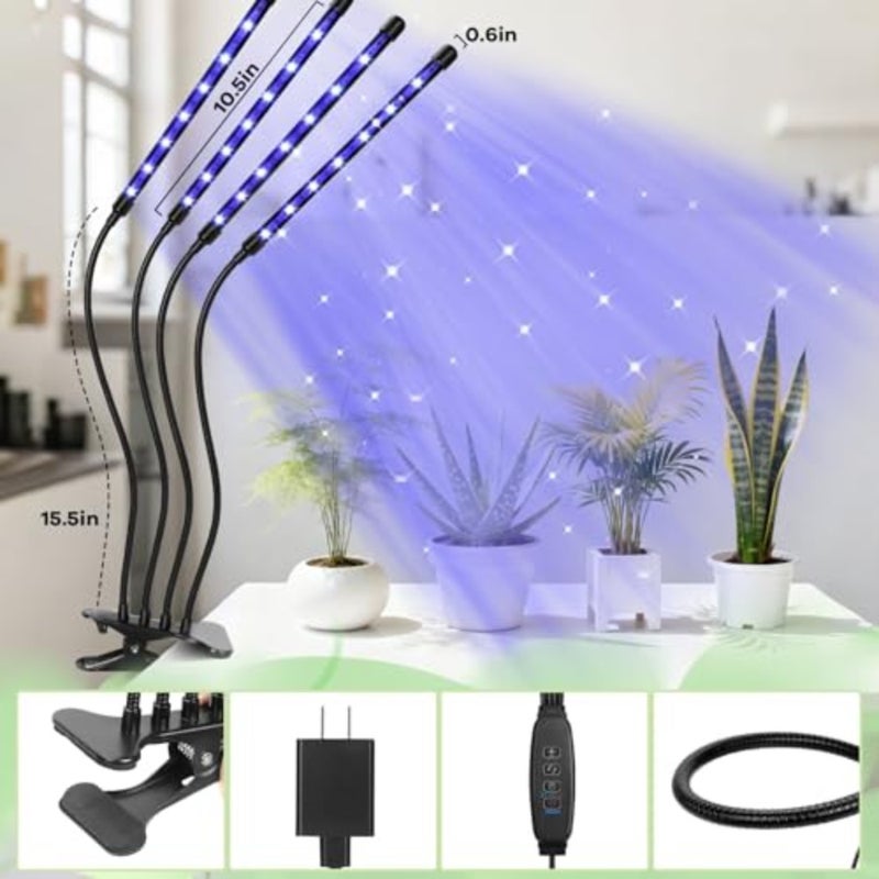 LED Grow Lights 4 Heads Red Blue Plant Light with Clamp For Indoor Plants and Seed Starters 10 Levels Dimmable Auto On/Off Timer: 3/9/12 Hours - Image 2