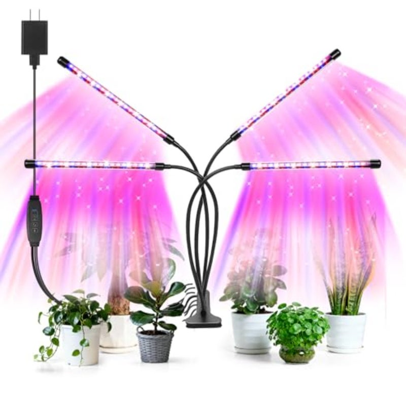 LED Grow Lights 4 Heads Red Blue Plant Light with Clamp For Indoor Plants and Seed Starters 10 Levels Dimmable Auto On/Off Timer: 3/9/12 Hours - Image 1