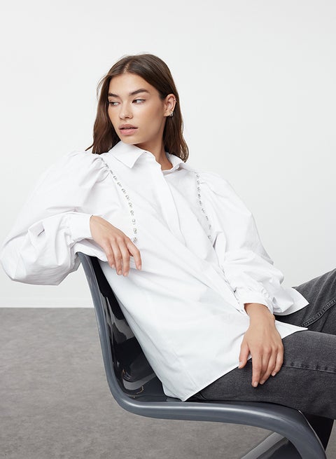 Ecru Stone Piping Detail Balloon Sleeve Woven Shirt TCTSS24TG00084