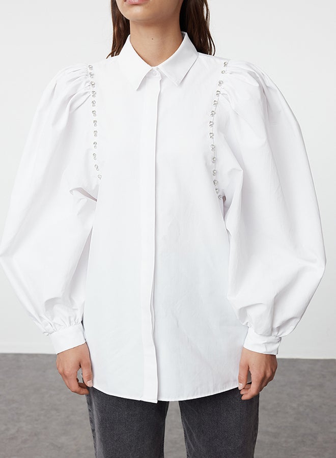 Ecru Stone Piping Detail Balloon Sleeve Woven Shirt TCTSS24TG00084