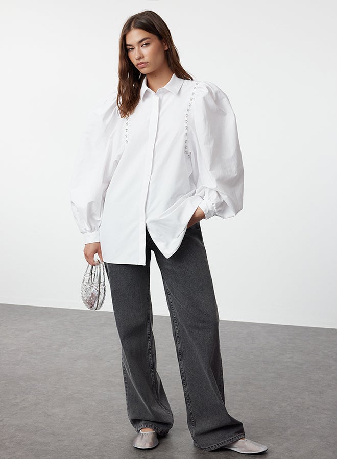 Ecru Stone Piping Detail Balloon Sleeve Woven Shirt TCTSS24TG00084