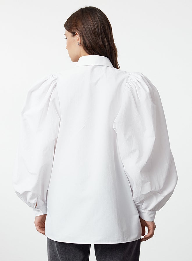 Ecru Stone Piping Detail Balloon Sleeve Woven Shirt TCTSS24TG00084