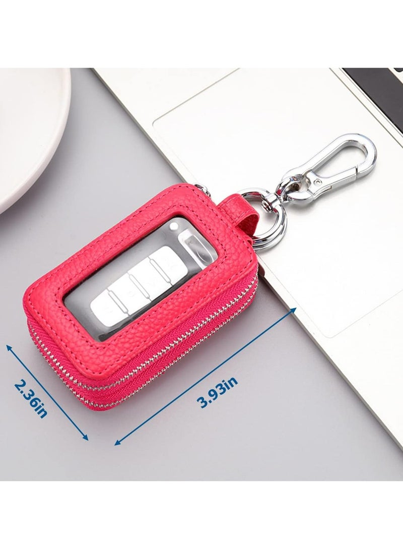 Oasisgalore Genuine Leather Car Key Fob Case, Zippered with Lanyard, Rose Red Keychain Bag for Men & Women.  - Image 2