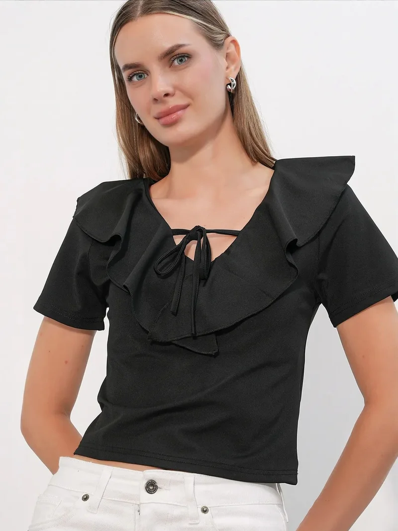 Big Dart Black BDART Frilly Tie-Front Crop Top for Women | Best Price UAE