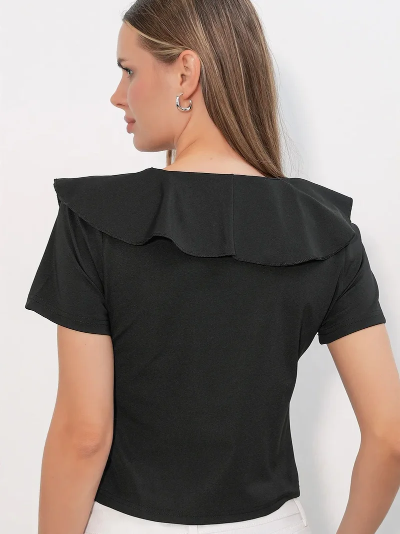 Big Dart Black BDART Frilly Tie-Front Crop Top for Women | Best Price UAE