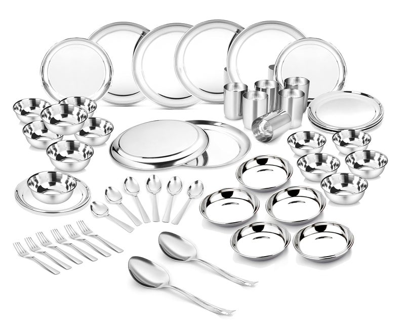 Classic Essentials Stainless Steel Dinner Set | Heavy Gauge Stainless Steel Dinner Set | Kitchen Set for Home | Shagun Set/Bartan Set | Plain Design, Set of 50 - Image 1