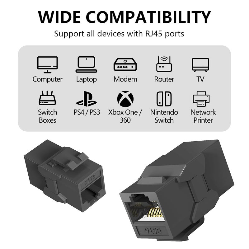Jadaol 25Pack RJ45 Cat6 Keystone Couplers, Female to Female Inline Couplers, 10Gbps Patch Cable Extension, UTP Ethernet Lan Coupler, Cat6 Cable Connector for Patch Panel, Wall Plate, Networking, Black - Image 2