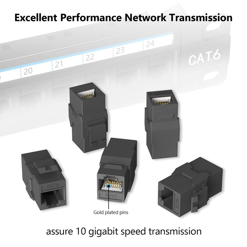 Jadaol 25Pack RJ45 Cat6 Keystone Couplers, Female to Female Inline Couplers, 10Gbps Patch Cable Extension, UTP Ethernet Lan Coupler, Cat6 Cable Connector for Patch Panel, Wall Plate, Networking, Black - Image 4