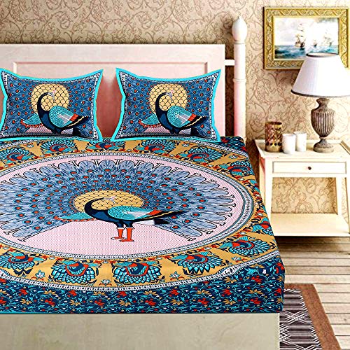 RajasthaniKart® Pure 100% Cotton Double Bed Sheet with 2 Pillow Covers (Bedsheet for Double Bed Cotton, Green More Jaipuri, King Size,731) - Image 1
