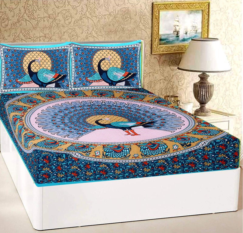 RajasthaniKart® Pure 100% Cotton Double Bed Sheet with 2 Pillow Covers (Bedsheet for Double Bed Cotton, Green More Jaipuri, King Size,731) - Image 2