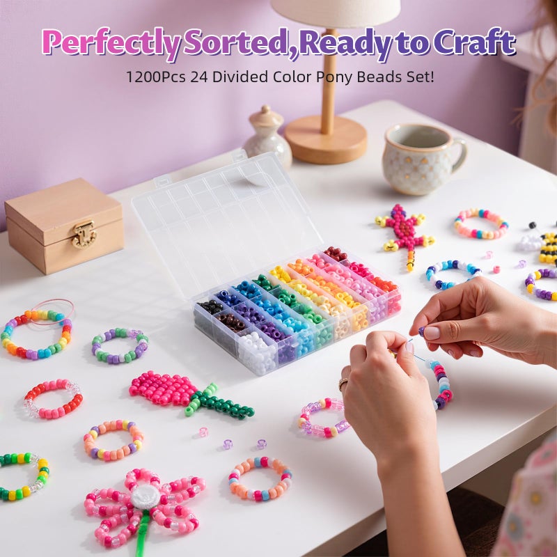Simetufy 1200Pcs Pony Beads, 24 Colors Kandi Beads for Bracelet Making Hair Braiding DIY Crafts Kandi Jewelry Key Chains Christmas Gifts - Image 2