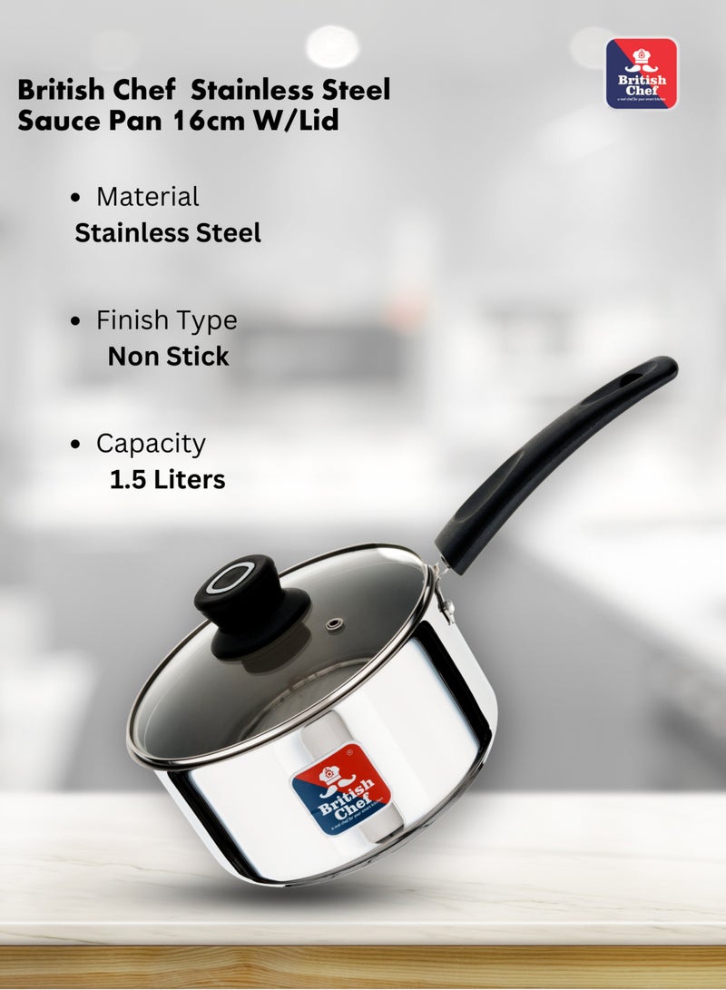 British Chef 16cm Stainless Steel Sauce Pan With Lid | Induction Base, Heavy Base Bottom, Durable with Mirror Finish - Image 2