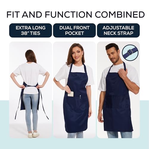 Will Well Kitchen Apron for Men and Women - 33" x 27" Oil-and-Water-Resistant with Adjustable Neck Strap and 38" Waist Ties for a Snug Fit, Lightweight with 2 Front Pockets - 1-Pack, Navy - Image 3
