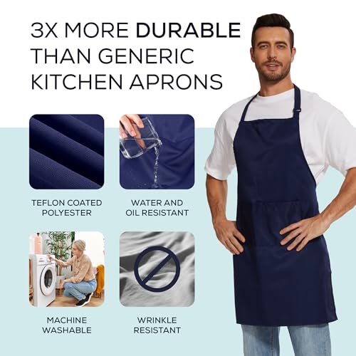 Will Well Kitchen Apron for Men and Women - 33" x 27" Oil-and-Water-Resistant with Adjustable Neck Strap and 38" Waist Ties for a Snug Fit, Lightweight with 2 Front Pockets - 1-Pack, Navy - Image 2