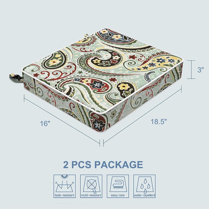 LVTXIII Outdoor Chair Cushions 18.5x16x3 Inch, Square Water-Repellent Patio Seat Cushions with Ties & Hidden Zipper, 2 Pack Thick Foam Chair Pads for Garden Furniture, Paisley Light Cyan - Image 3