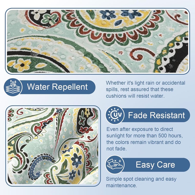 LVTXIII Outdoor Chair Cushions 18.5x16x3 Inch, Square Water-Repellent Patio Seat Cushions with Ties & Hidden Zipper, 2 Pack Thick Foam Chair Pads for Garden Furniture, Paisley Light Cyan - Image 5