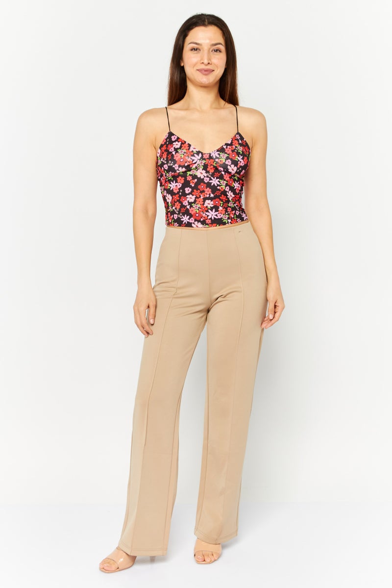 Bershka Women V Neck Sleeveless Floral Print Crop Top, Black  - Image 2