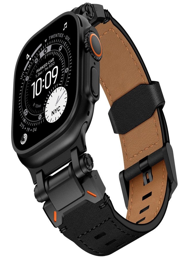 كيدز سوار من الجلد الطبيعي عالي الجودة من KADES لساعة Apple Watch Ultra 3/2/1 مقاس 49 مم للرجال، مع موصلات معدنية لساعات Apple Watch Series 11/10/SE3/9/8/7/SE2/6/5/4/SE/3/2/1 مقاسات 46 مم، 45 مم، 44 مم، 42 مم، أسود/أسود - Image 1