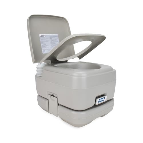Camco 26Gallon Portable Toilet  Features Detachable Holding Tank wSealing Slide Valve  BellowType Flush  Easy Transport wCompact Lightweight Design  Carry Handle  Gray 41531 - Image 1