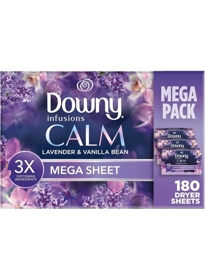 Downy Downy Infusions Mega Dryer Sheets, Laundry Fabric Softener, CALM, Lavender and Vanilla Bean, 180 Count - Image 1