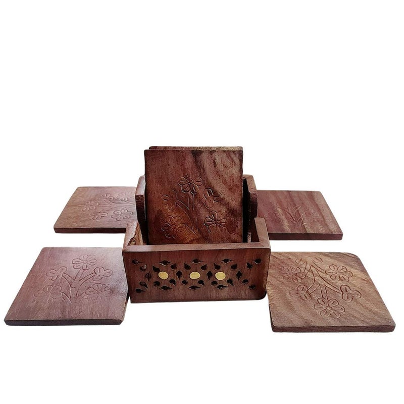 CRAFTGHAR Handmade Sheesham Wooden Coaster Set of 6 with Holder Square Shape Trivet Brass on Side for Tea Cups Coffee Mugs, Trivets Set of 6, Brown, for Serving Dining Table Office, 7 cm - Image 2