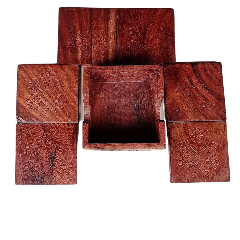 CRAFTGHAR Handmade Sheesham Wooden Coaster Set of 6 with Holder Square Shape Trivet Brass on Side for Tea Cups Coffee Mugs, Trivets Set of 6, Brown, for Serving Dining Table Office, 7 cm - Image 4