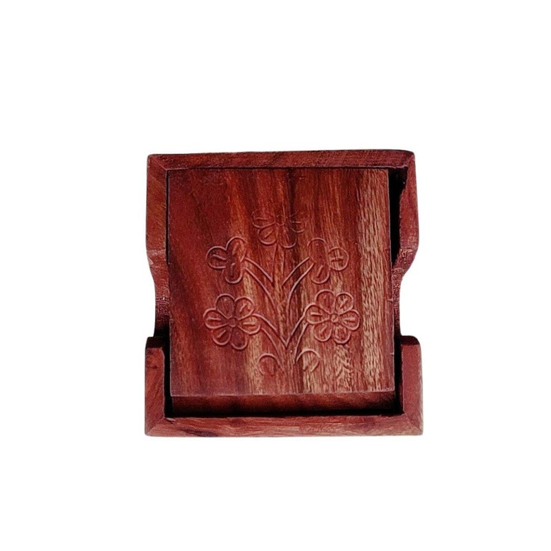 CRAFTGHAR Handmade Sheesham Wooden Coaster Set of 6 with Holder Square Shape Trivet Brass on Side for Tea Cups Coffee Mugs, Trivets Set of 6, Brown, for Serving Dining Table Office, 7 cm - Image 1
