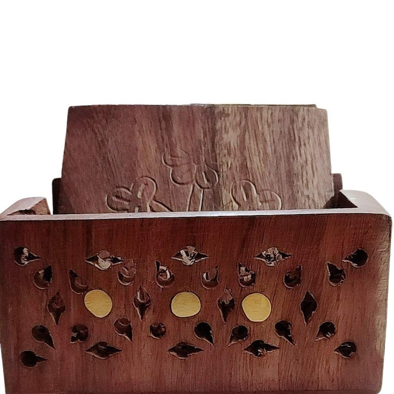 CRAFTGHAR Handmade Sheesham Wooden Coaster Set of 6 with Holder Square Shape Trivet Brass on Side for Tea Cups Coffee Mugs, Trivets Set of 6, Brown, for Serving Dining Table Office, 7 cm - Image 3