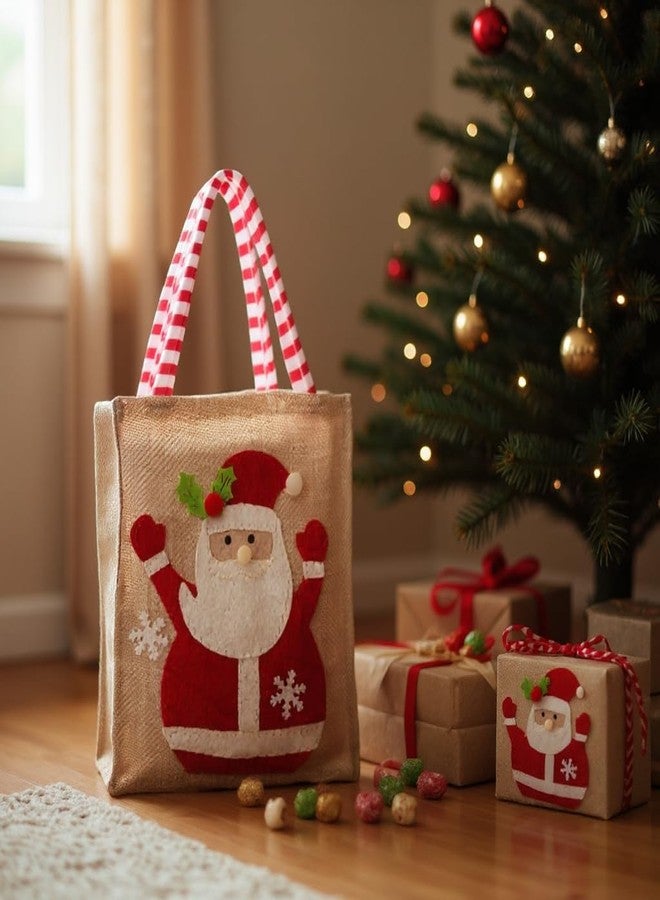 Krisah Christmas Santa Claus Burlap Gift Bag, Natural Jute with Candy Cane Handles, Festive Snowflake Design, 19x15.5 cm, Holiday Decor - Image 5