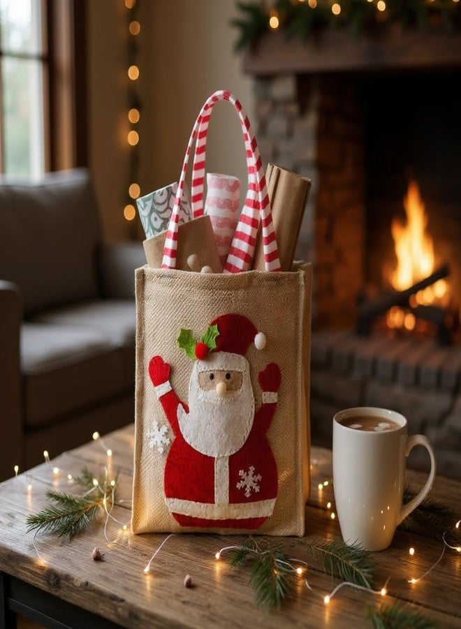 Krisah Christmas Santa Claus Burlap Gift Bag, Natural Jute with Candy Cane Handles, Festive Snowflake Design, 19x15.5 cm, Holiday Decor - Image 4