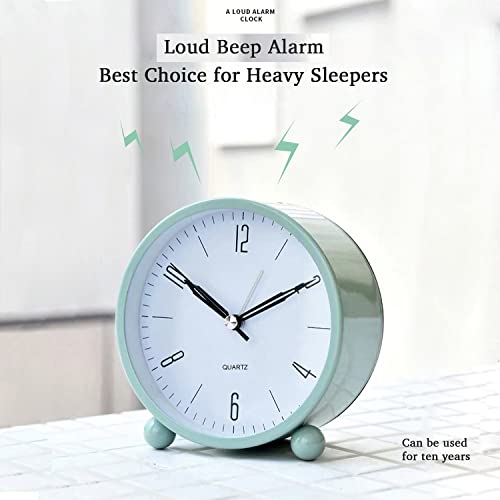 Jisile Alarm Clock, Non Ticking Analog Alarm Clocks with Warm Night Light, Bedside Alarm Clock Silent Clock Battery Powered, Simple Stylish Design for Desk Bedroom (Green) - Image 2