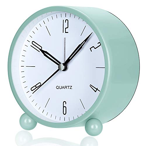 Jisile Alarm Clock, Non Ticking Analog Alarm Clocks with Warm Night Light, Bedside Alarm Clock Silent Clock Battery Powered, Simple Stylish Design for Desk Bedroom (Green) - Image 1