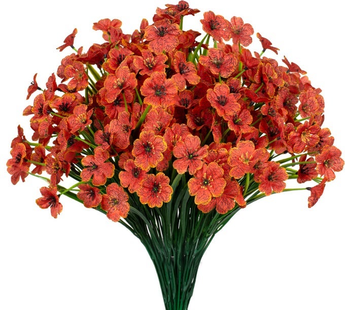 15 BUNDLES ARTIFICIAL FLOWERS UV RESISTANT OUTDOOR PLANTS NO FADE FAUX PLASTIC SHRUBS FAKE SILK FLOWERS WINDOW BOX GARDEN PORCH HOME DECORATIONORANGE